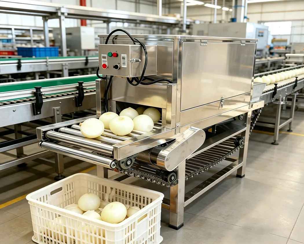 Industrial onion peeling machine with raw and peeled onions